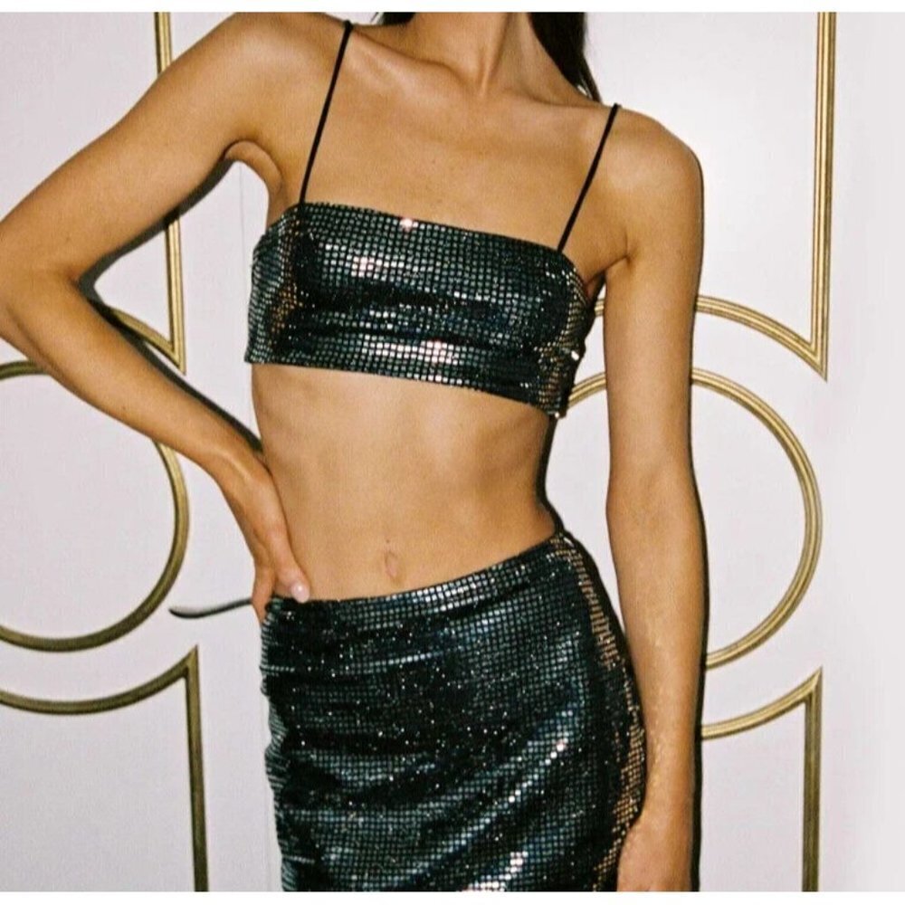Princess Polly Women's Size US4 Black Silver Nemara Bandeau Top Sequin Tank NWT